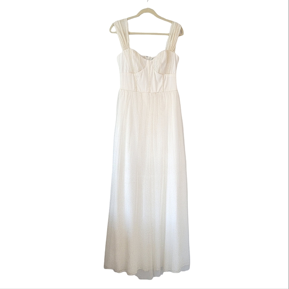 NEW CRYSTALL DOLL Gold Sparkle Glitter White Outer Mesh Sleeveless Maxi Dress